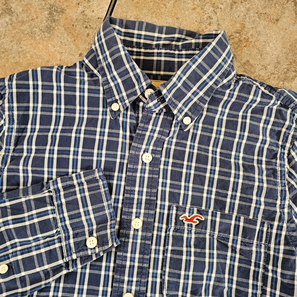 Hollister Mens Academia Plaid Button Down Shirt Long Sleeve Blue White Casual M